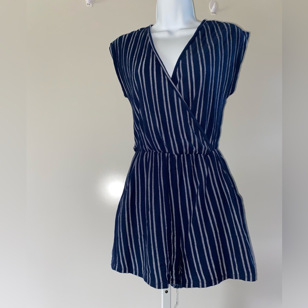 Caution to the Wind Blue White Striped V-Neck
Romper Women's